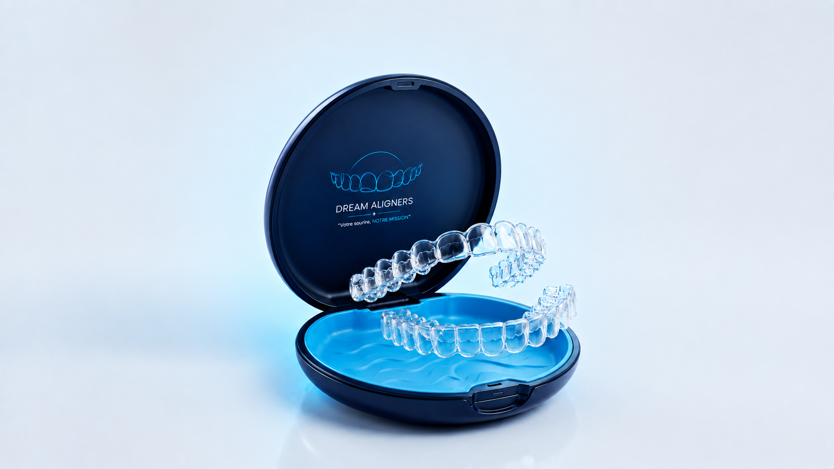 Boîtier Dream Aligners ouvert avec deux aligneurs transparents sur mesure